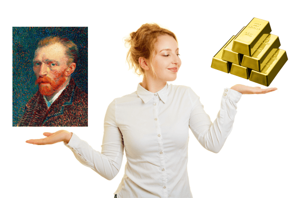 A woman comparing a gold bar and a painting of van gogh.