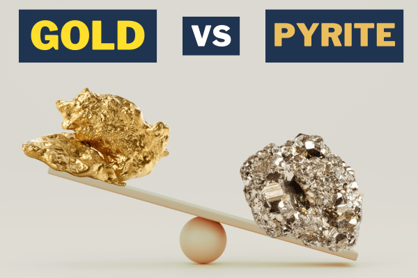 gold and pyrite nuggets balancing on a scale